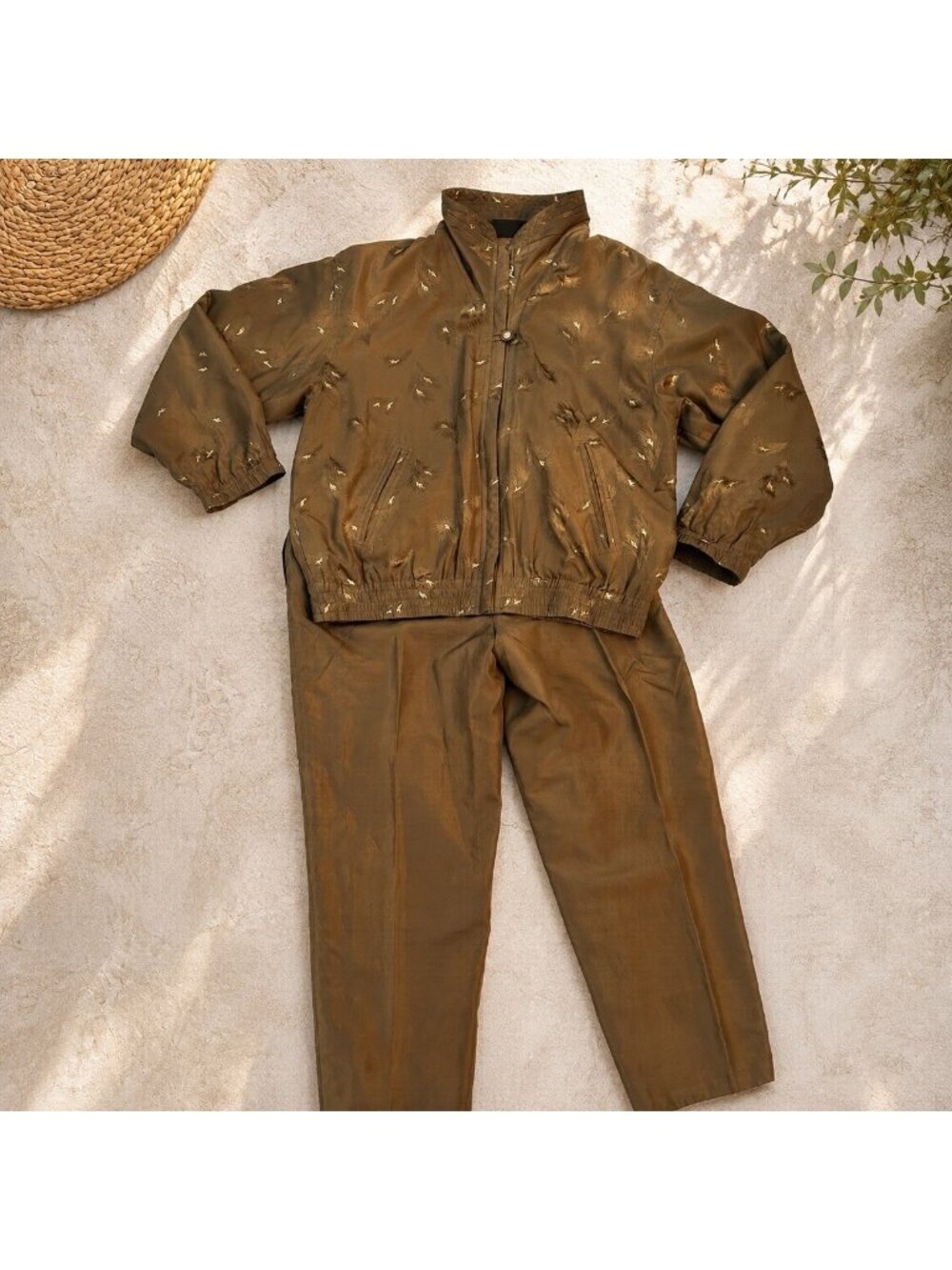 Vintage Mureli 100% Silk Track Suit Womens Size Medium Petite Olive Green READ